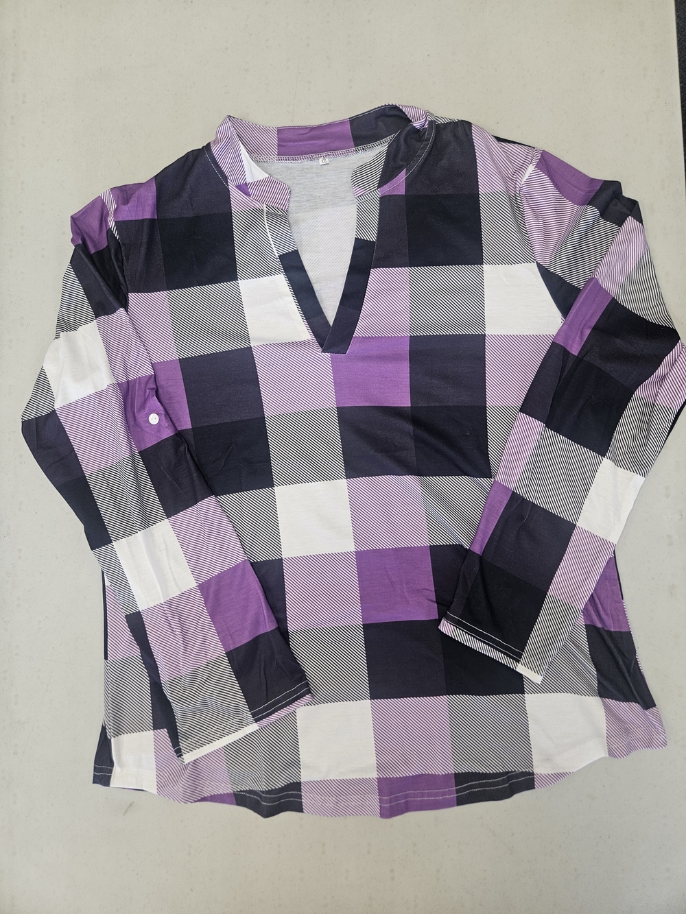 Source Unknown Purple and Black Plaid V-Neck Long-Sleeve Blouse